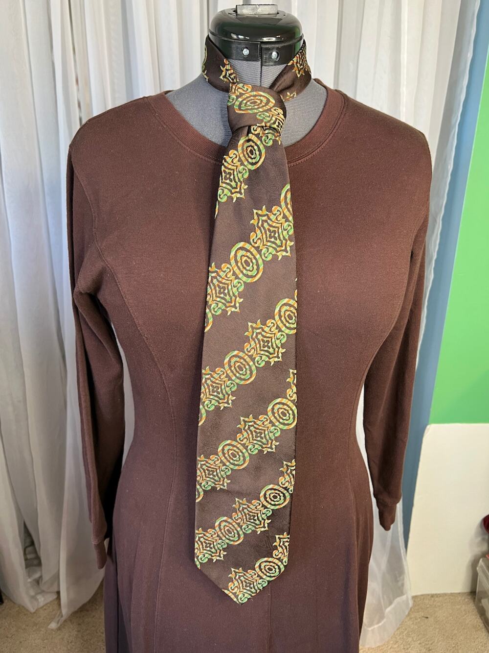 tie groovy 1960s wide geometric yellow green brown
